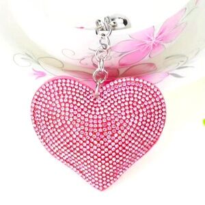 Pink Heart Rhinestones Keychain Faux Suede Bag Charm with Silver Hardware